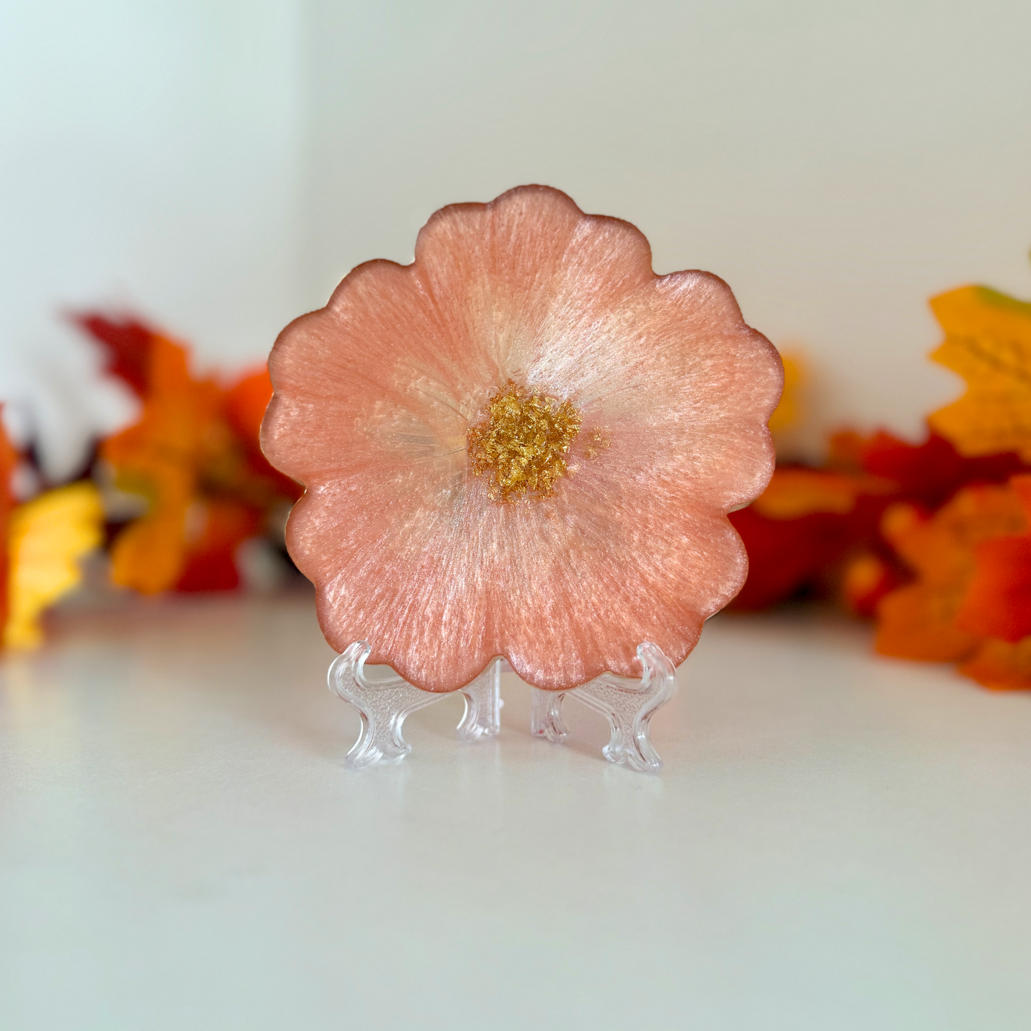 Cosy Autumn Blooms – Handmade Resin Coasters with Gold Edge