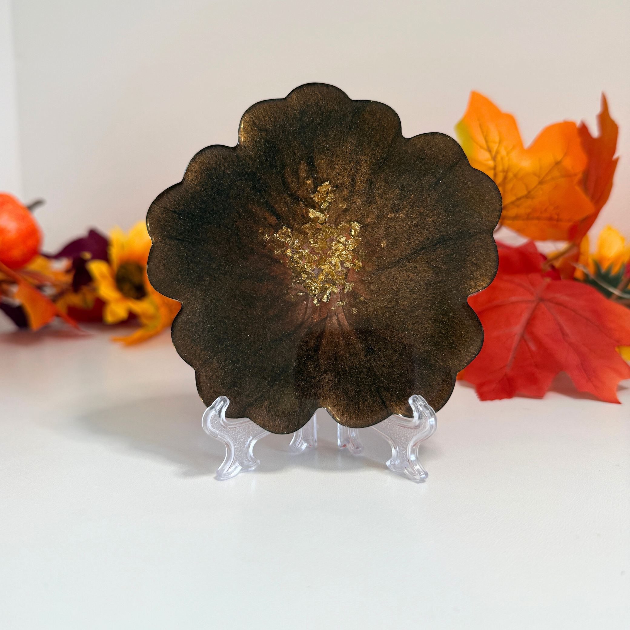 Cosy Autumn Blooms – Handmade Resin Coasters with Gold Edge
