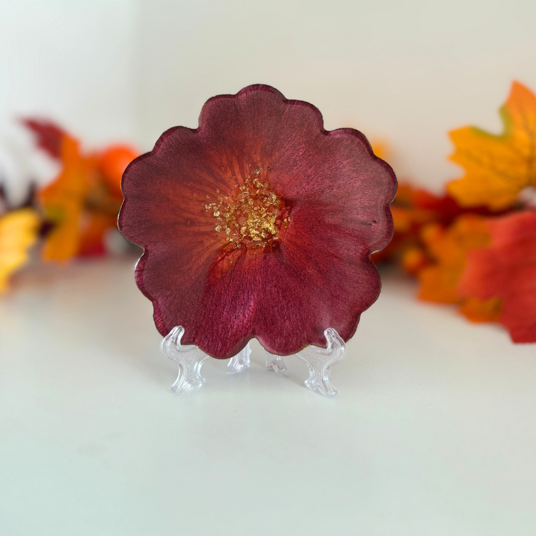 Cosy Autumn Blooms – Handmade Resin Coasters with Gold Edge